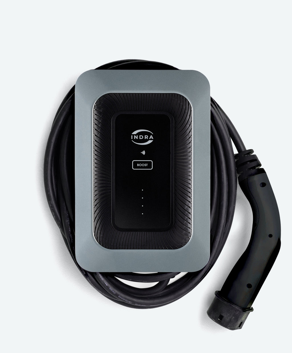 Indra Smart LUX home EV charger in grey with sunburst-textured face, INDRA logo, BOOST button and tethered Type 2 cable coiled around base