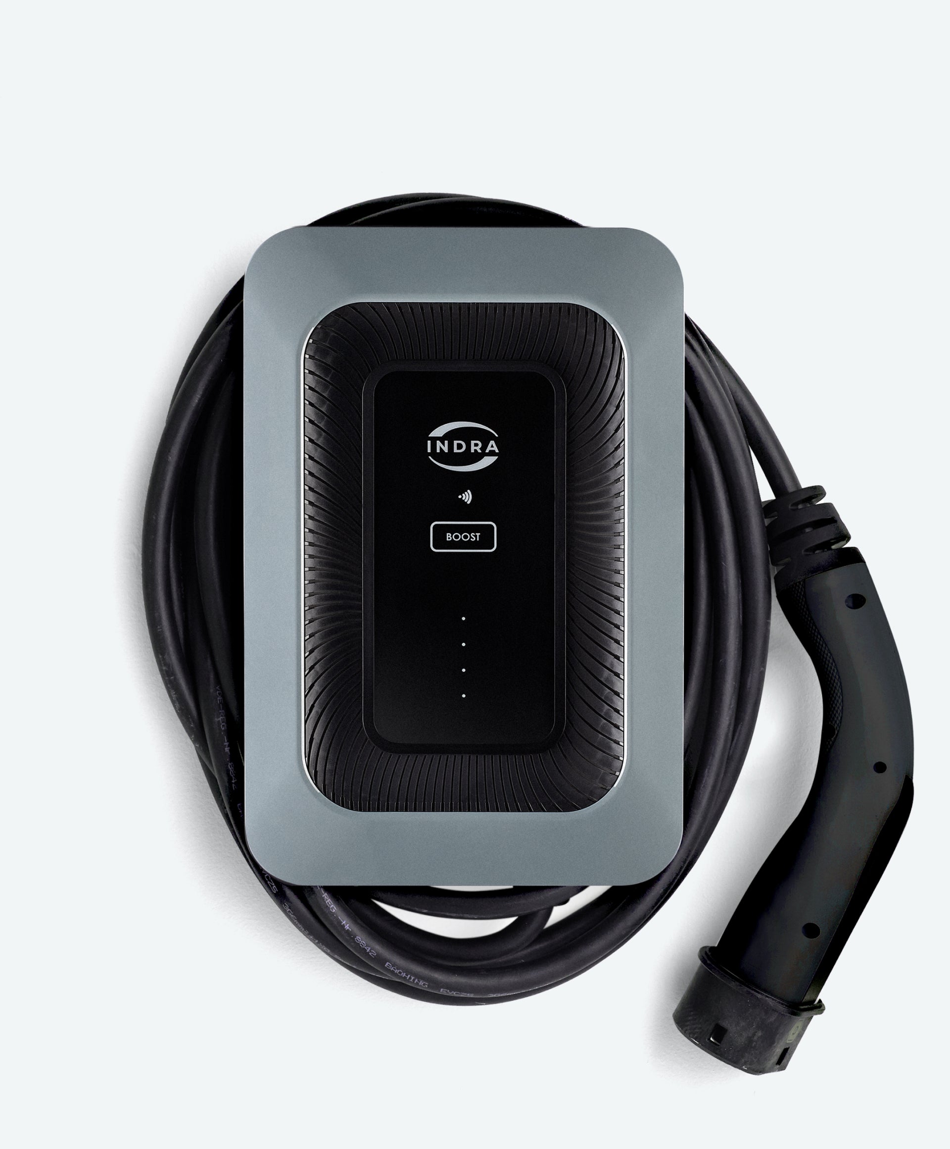 Indra Smart LUX home EV charger in grey with sunburst-textured face, INDRA logo, BOOST button and tethered Type 2 cable coiled around base