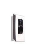 Indra Smart PRO untethered home EV charger in two-tone white and black, three-quarter side view with INDRA logo and Type 2 socket cover