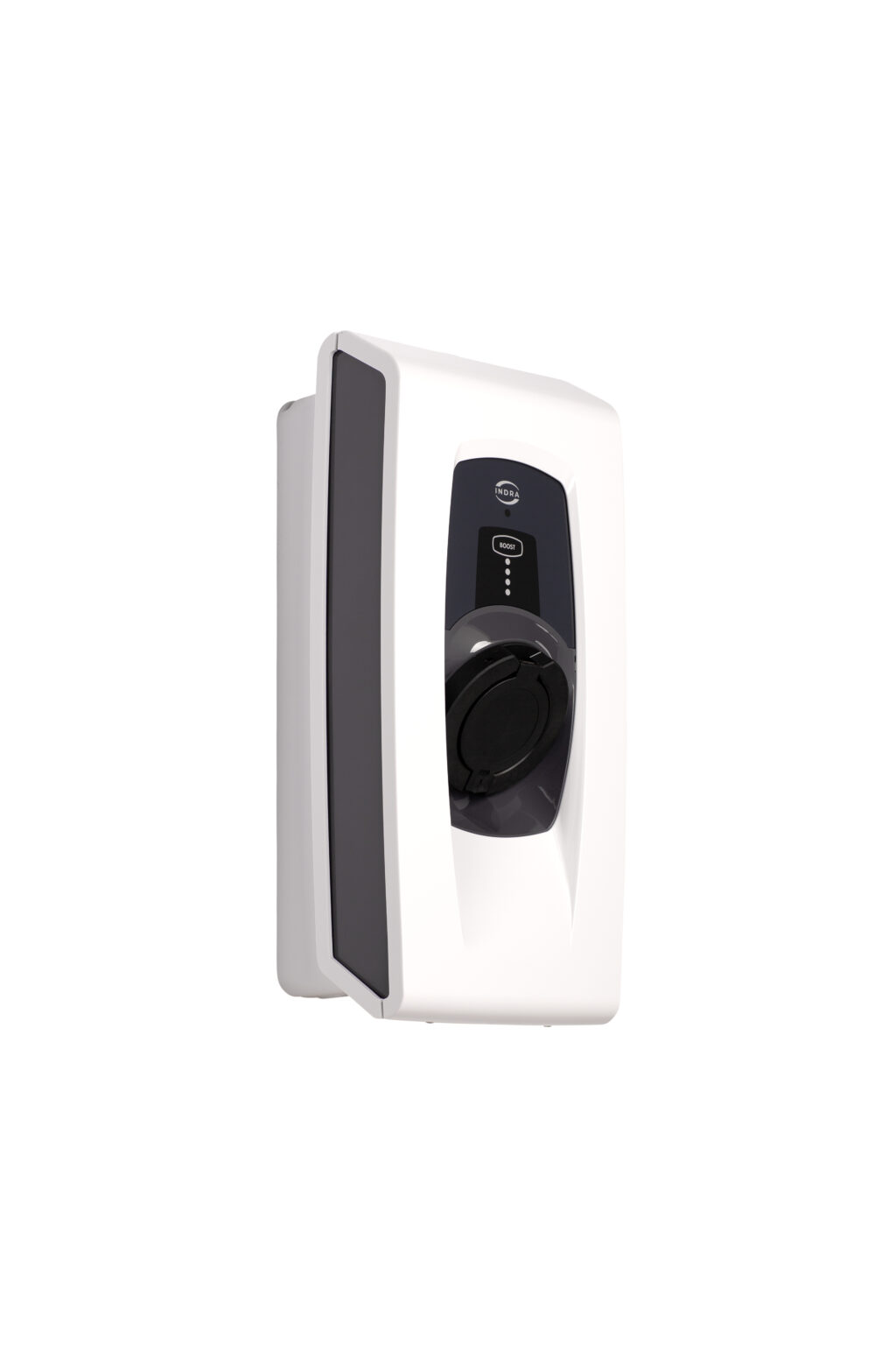 Indra Smart PRO untethered home EV charger in two-tone white and black, three-quarter side view with INDRA logo and Type 2 socket cover