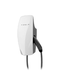 Tesla Wall Connector Gen 3 home EV charger in white, three-quarter view with embossed TESLA wordmark and short black tethered cable section visible