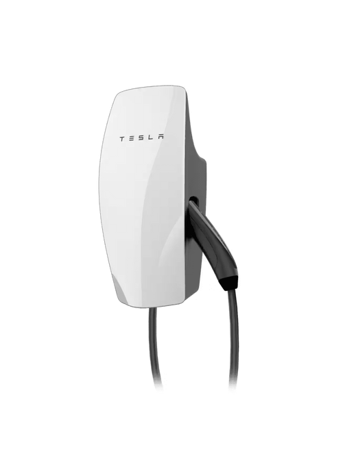 Tesla Wall Connector Gen 3 home EV charger in white, three-quarter view with embossed TESLA wordmark and short black tethered cable section visible