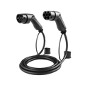Type 2 to Type 2 EV charging cable in black showing male and female Mennekes connectors with weatherproof socket covers and coiled cable on grey background