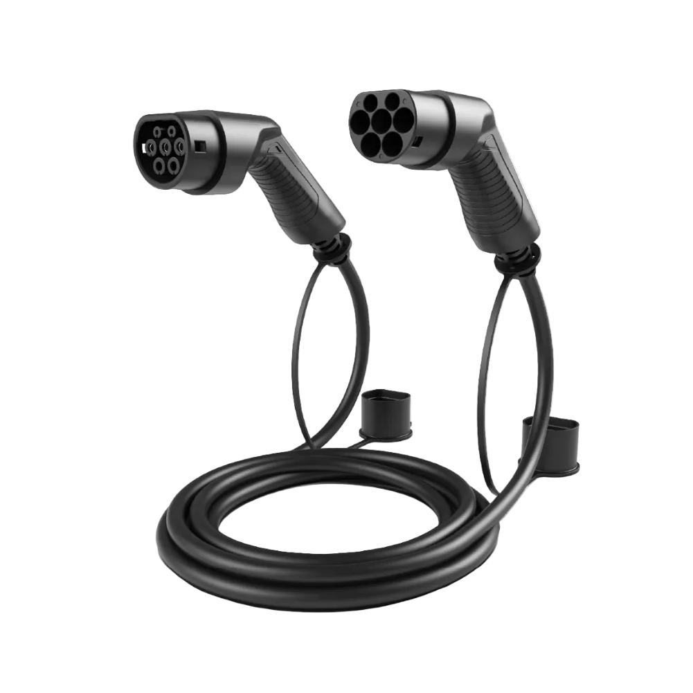 Type 2 to Type 2 EV charging cable in black showing male and female Mennekes connectors with weatherproof socket covers and coiled cable on grey background