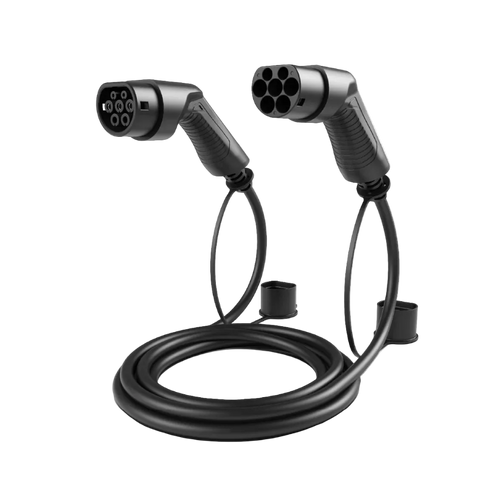 Type 2 to Type 2 EV charging cable in black showing male and female Mennekes connectors with weatherproof socket covers and coiled cable on grey background