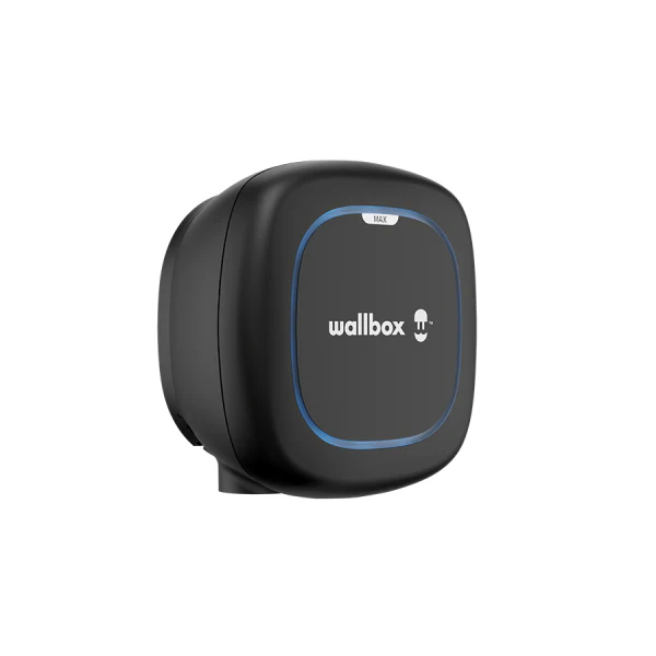 Wallbox Pulsar Max home EV charger in matte black, three-quarter view with wallbox logo, blue LED ring outline and MAX label