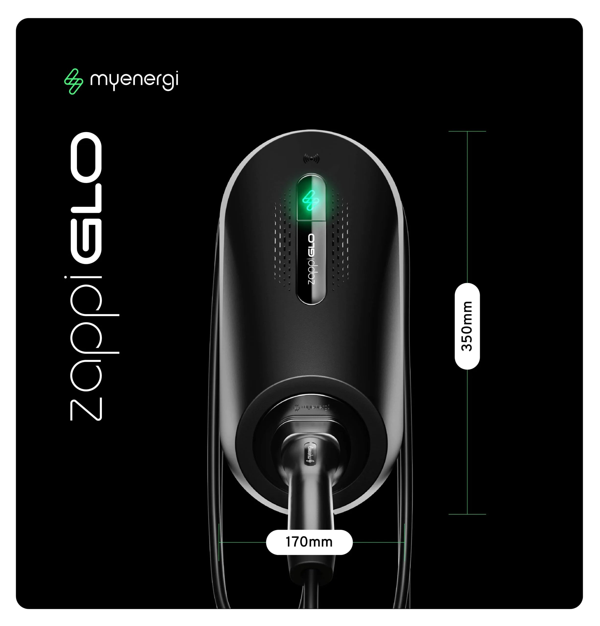 Myenergi Zappi GLO illuminated home EV charger in black with green-glow zappi logo, RFID icon, dimensions 350mm x 170mm, branded myenergi product layout