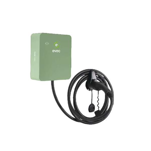 Evec Go EV charger in sage green with tethered coiled charging cable - UK home charging point