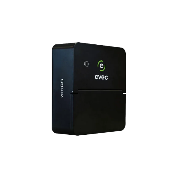 Evec Go EV charger in black, angled view showing evec logo and hinged socket cover - UK home charging point