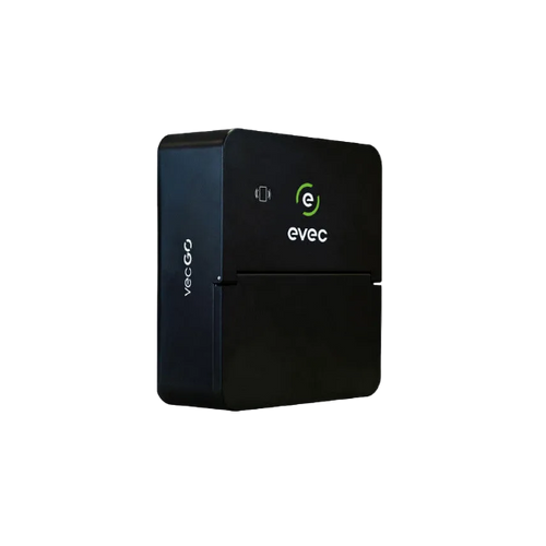 Evec Go EV charger in black, angled view showing evec logo and hinged socket cover - UK home charging point