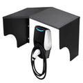 Black metal EV charging cable management tray with EV charger and tethered cable on white background