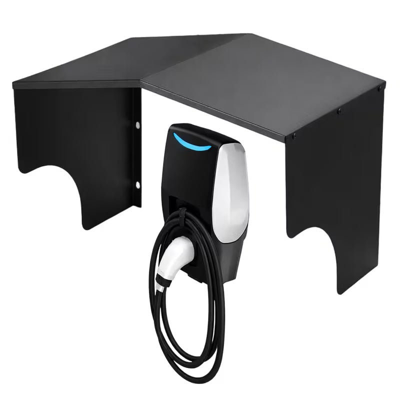 Black metal EV charging cable management tray with EV charger and tethered cable on white background