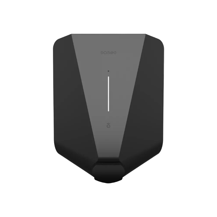 Easee Charge Core 22kW commercial EV charger in black, front view with easee logo at top, vertical LED status strip and Type 2 socket housing