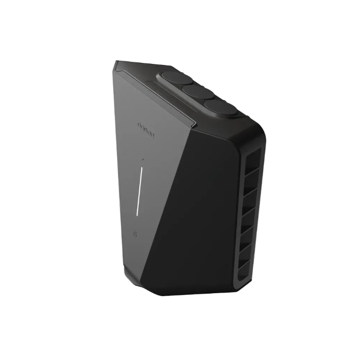 Easee Charge Core 22kW EV charger three-quarter angled view in black, side ventilation slats and three round cable entry caps on top