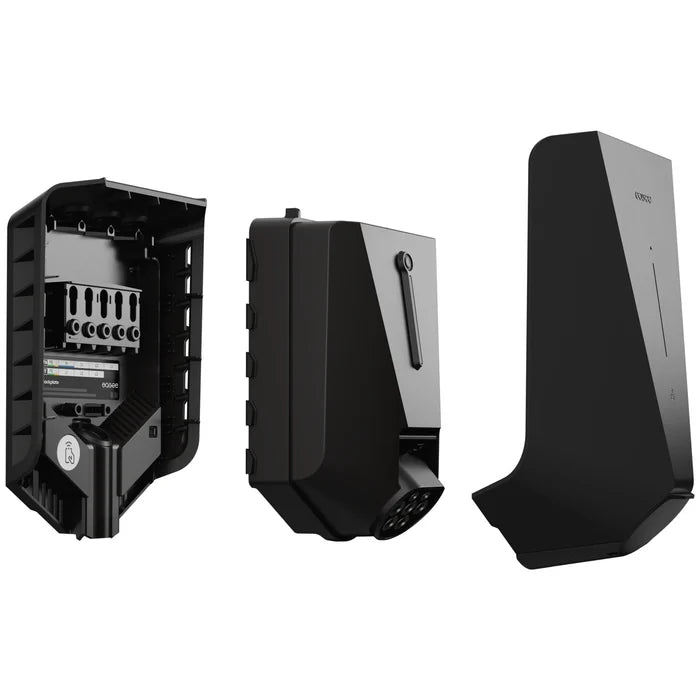 Easee Charge Core 22kW EV charger exploded product shot showing open chassis with internals, midway assembly and finished outer shell