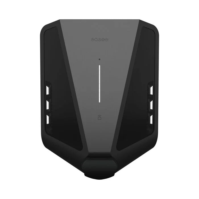 Easee Charge Max 22kW commercial 3-phase MID-metered EV charger in black, front view with easee logo, vertical LED strip and Type 2 socket at base