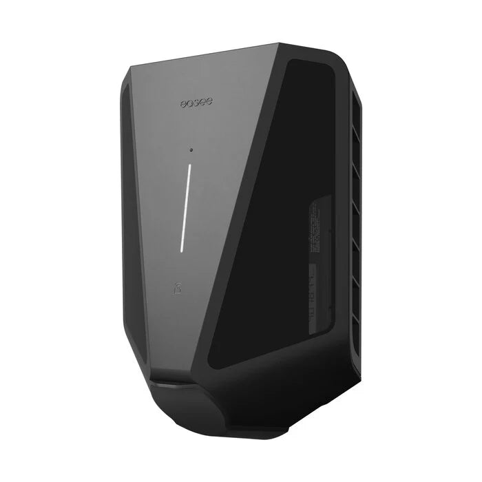Easee Charge Max 22kW EV charger three-quarter angled view in black showing wedge body, side ventilation slats and integrated MID meter housing
