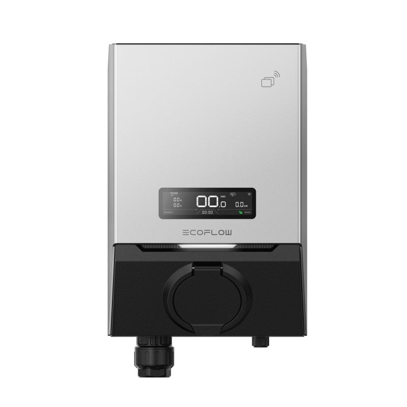 EcoFlow PowerPulse 2 EV charger flat front view in silver and black with LCD showing 00.0kWh, WiFi icon, EcoFlow logo and Type 2 socket with cable gland at base