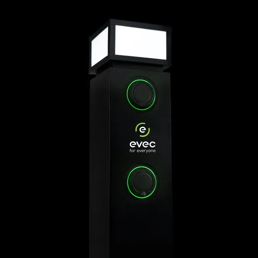 Evec EDP01 EV Charging Pedestal at Night with Illuminated Top Light - Buy Commercial Charging Point Online