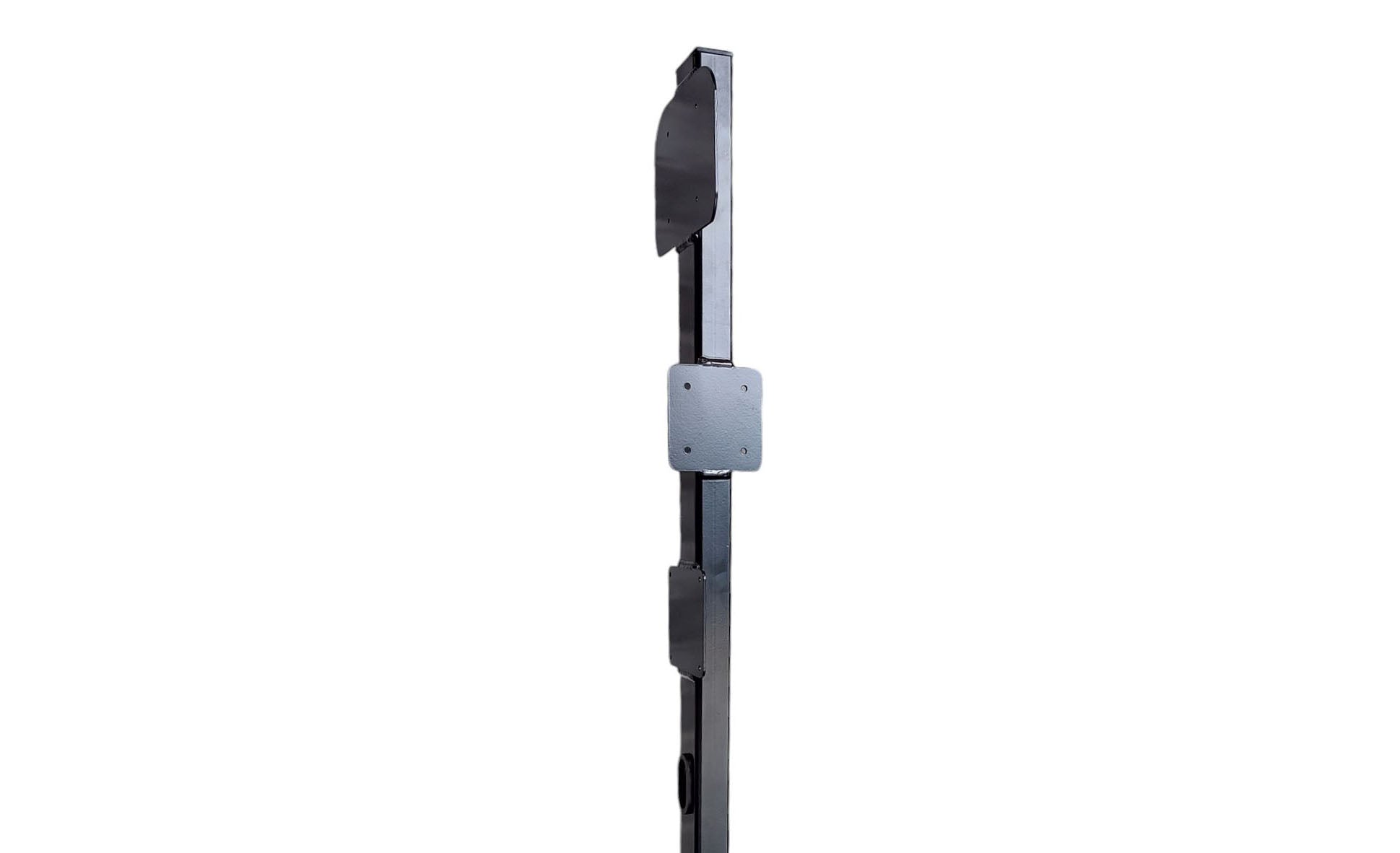 Black rectangular EV charger pedestal post with charger mounting bracket side view on white background