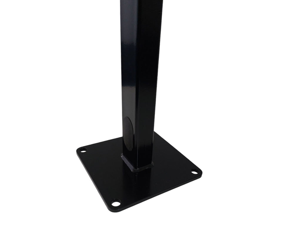 Black rectangular pedestal stand base for EV charger with floor mounting plate and post close-up on white background