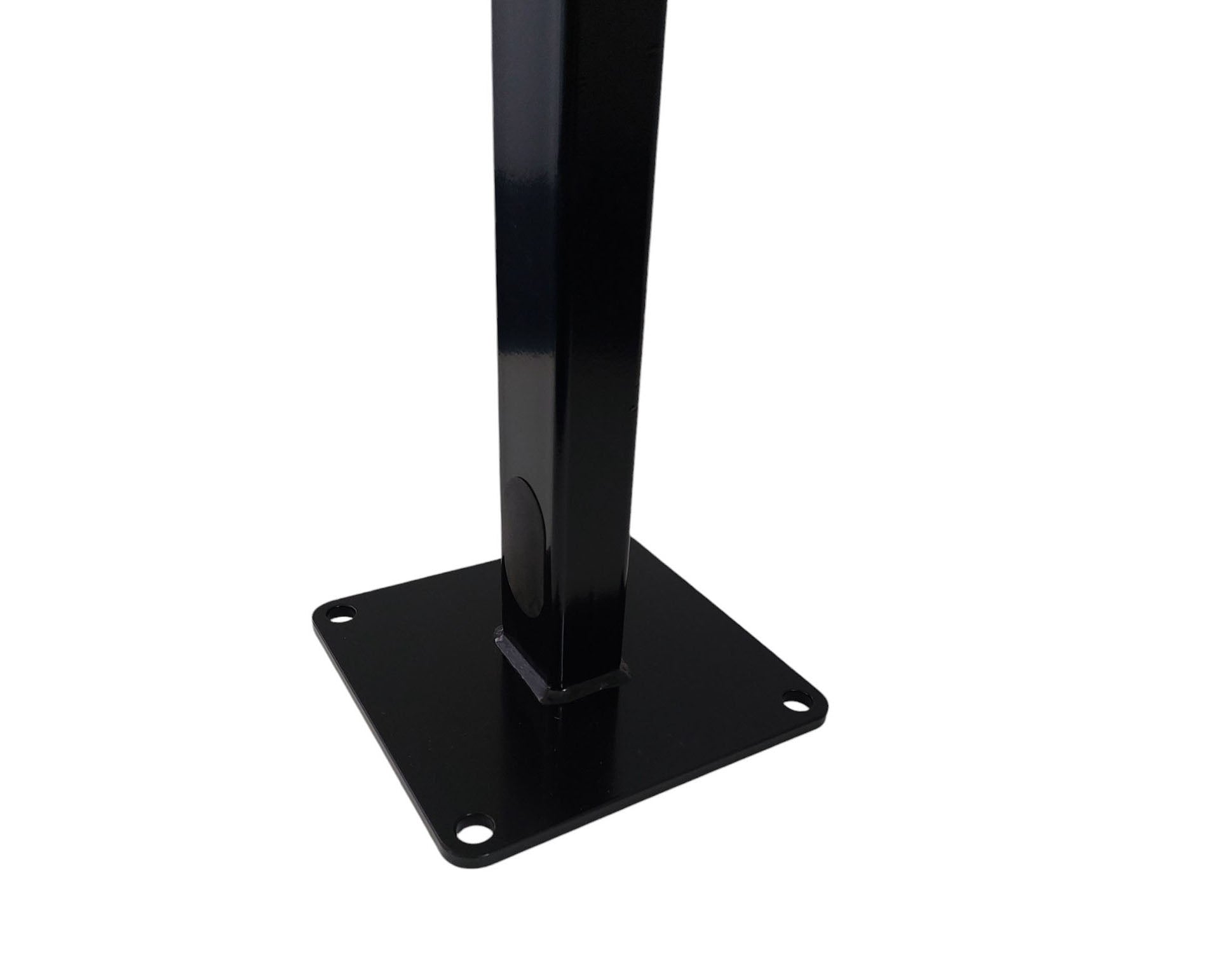 Black rectangular pedestal stand base for EV charger with floor mounting plate and post close-up on white background