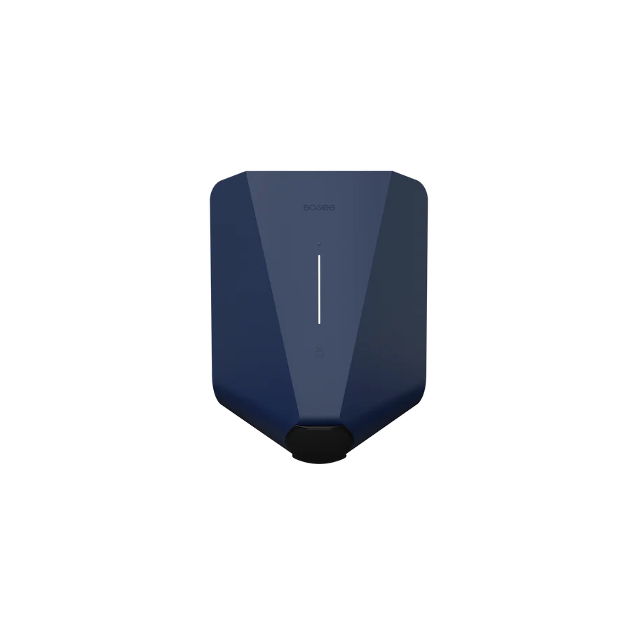 Easee One untethered home EV charger in dark blue, front view with easee logo, LED status indicator and Type 2 socket