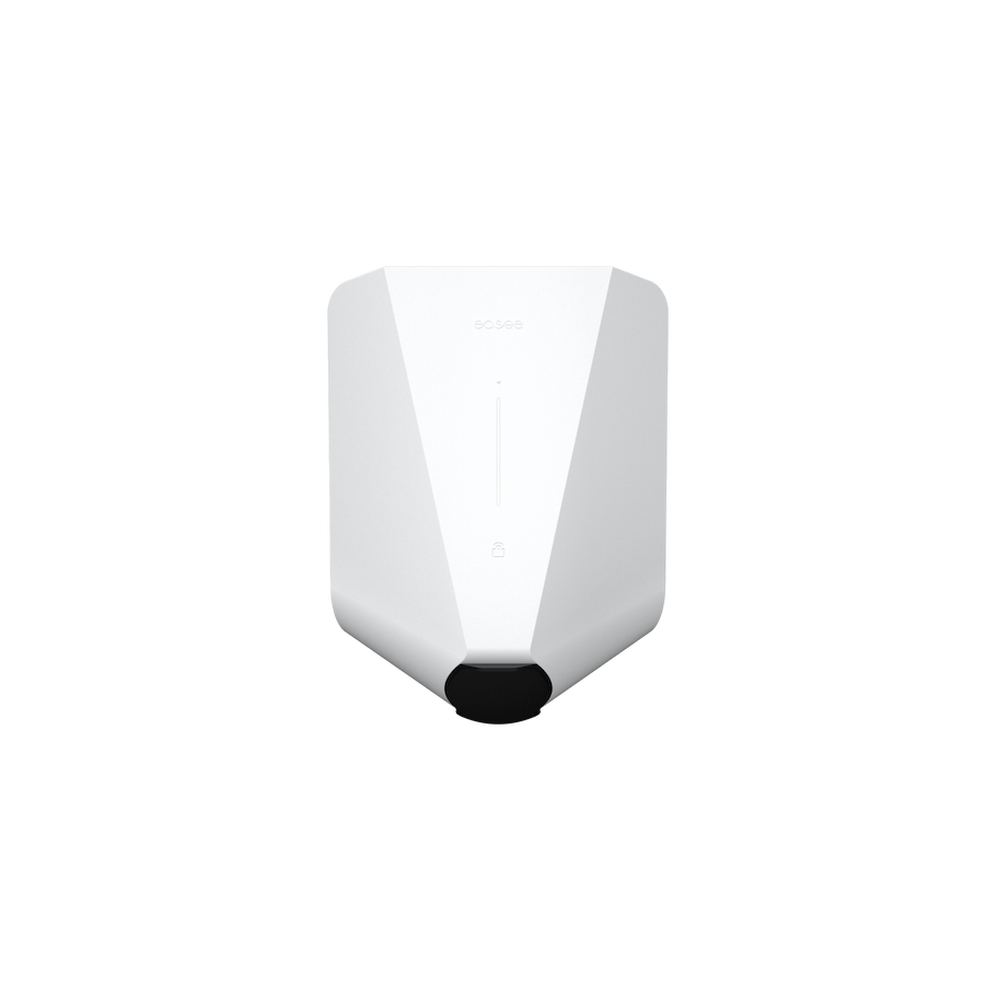 Easee One untethered home EV charger in white, front view with vertical LED status strip, easee logo and Type 2 socket housing at base