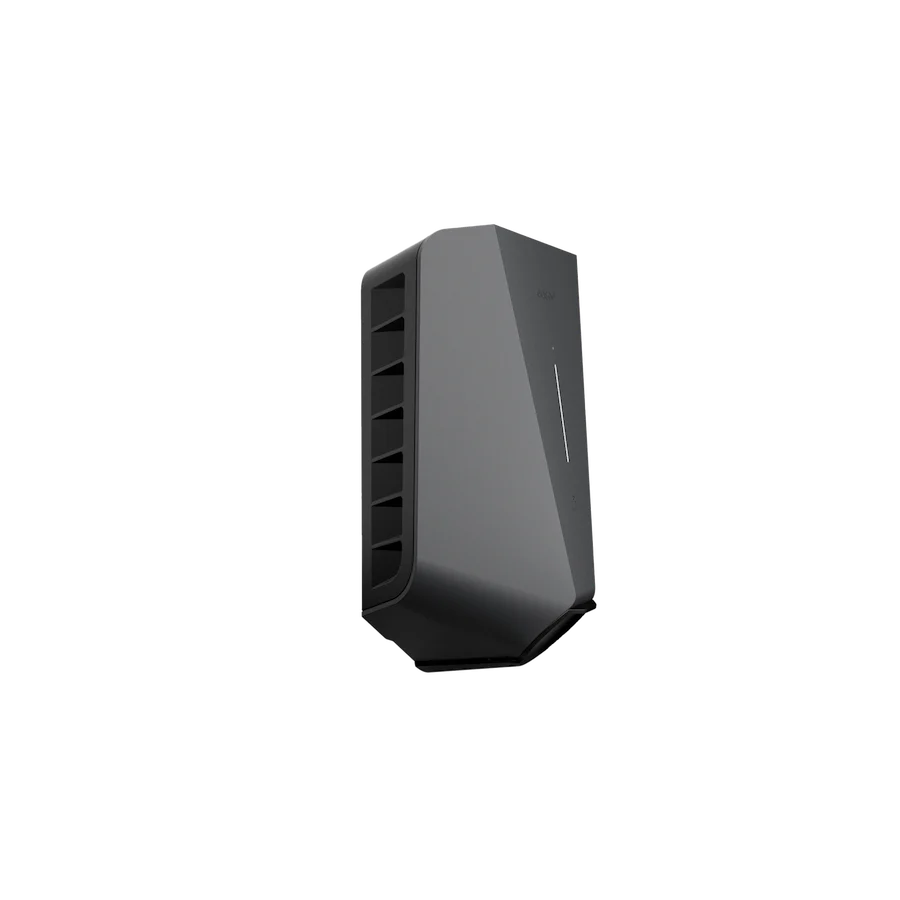 Easee One EV charger in anthracite grey, three-quarter side view showing wedge body and side ventilation slots