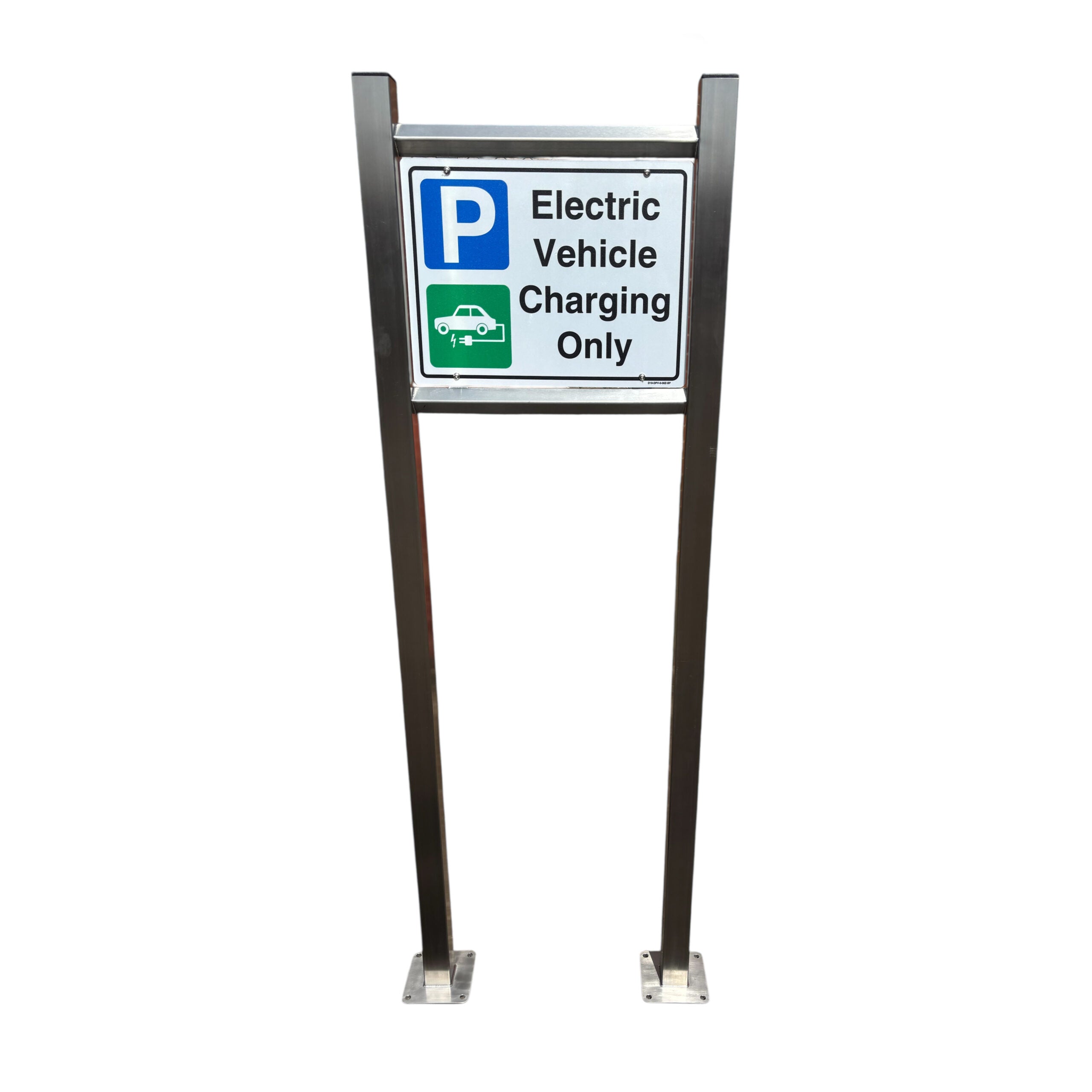 EV charging only parking sign on double post mounted stand with blue P and green EV symbol