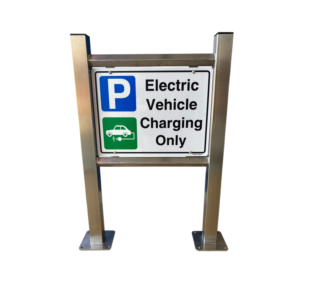 EV charging only parking sign on stainless steel double post stand with blue P and green EV symbol