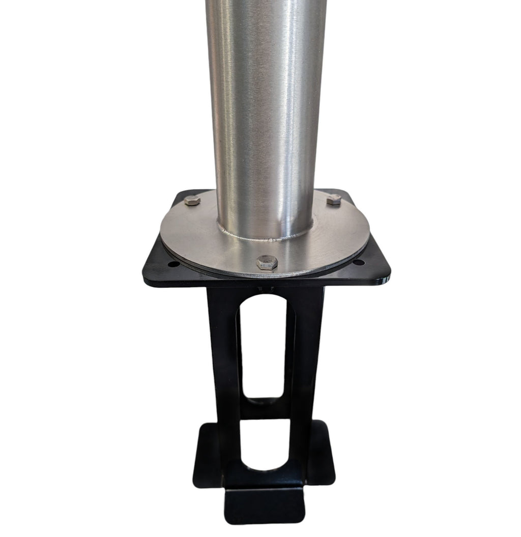 EV charger cable management system assembled with stainless steel post and black base housing on white background