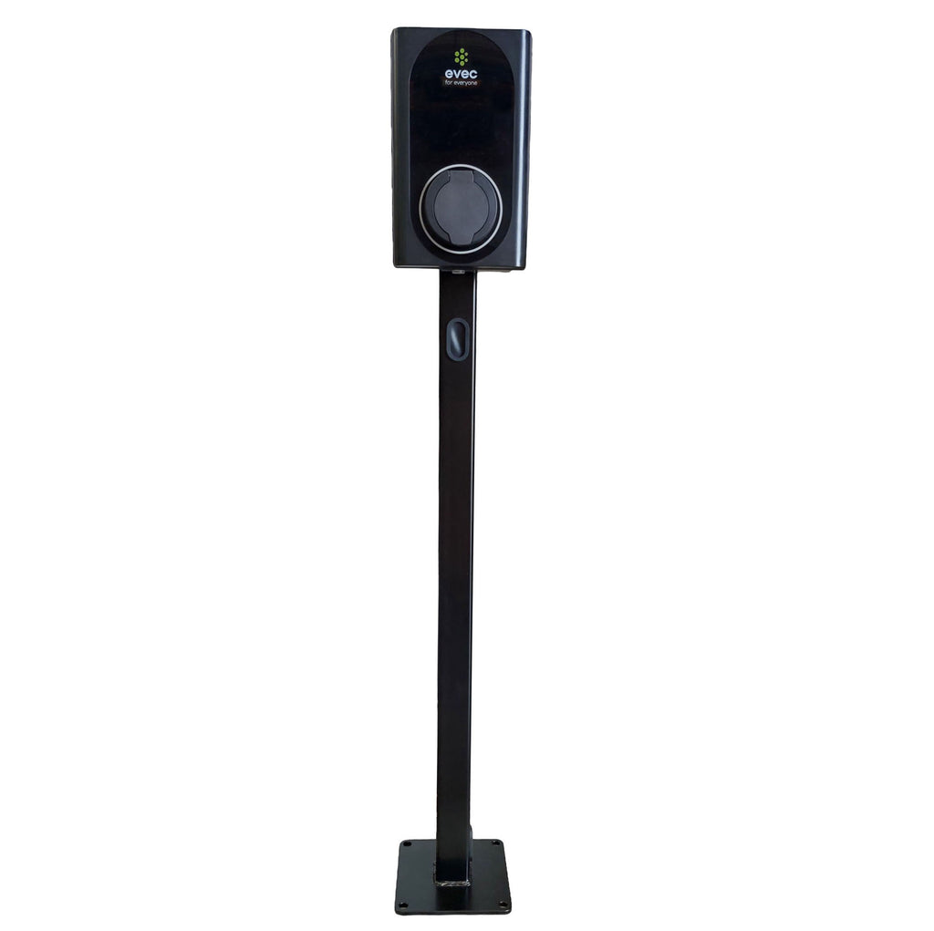EVEC Home 7kW EV charger on black pedestal stand, front view on white background