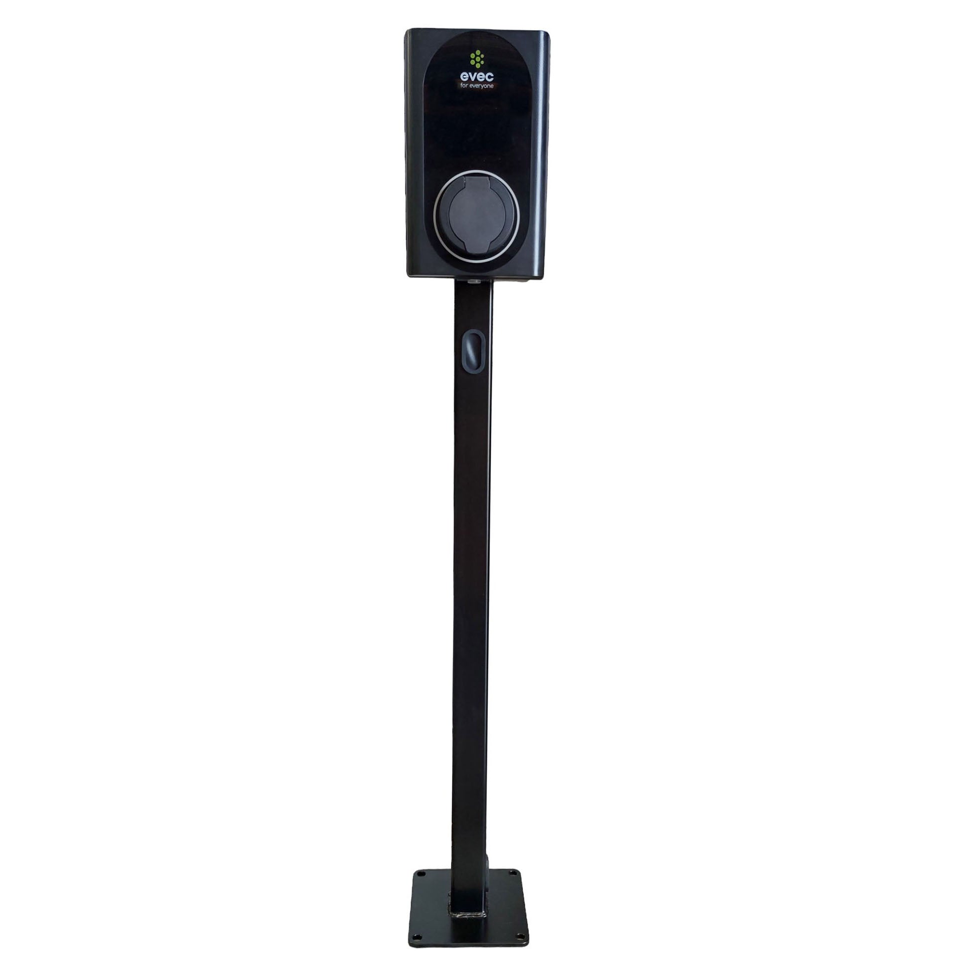 EVEC Home 7kW EV charger on black pedestal stand, front view on white background