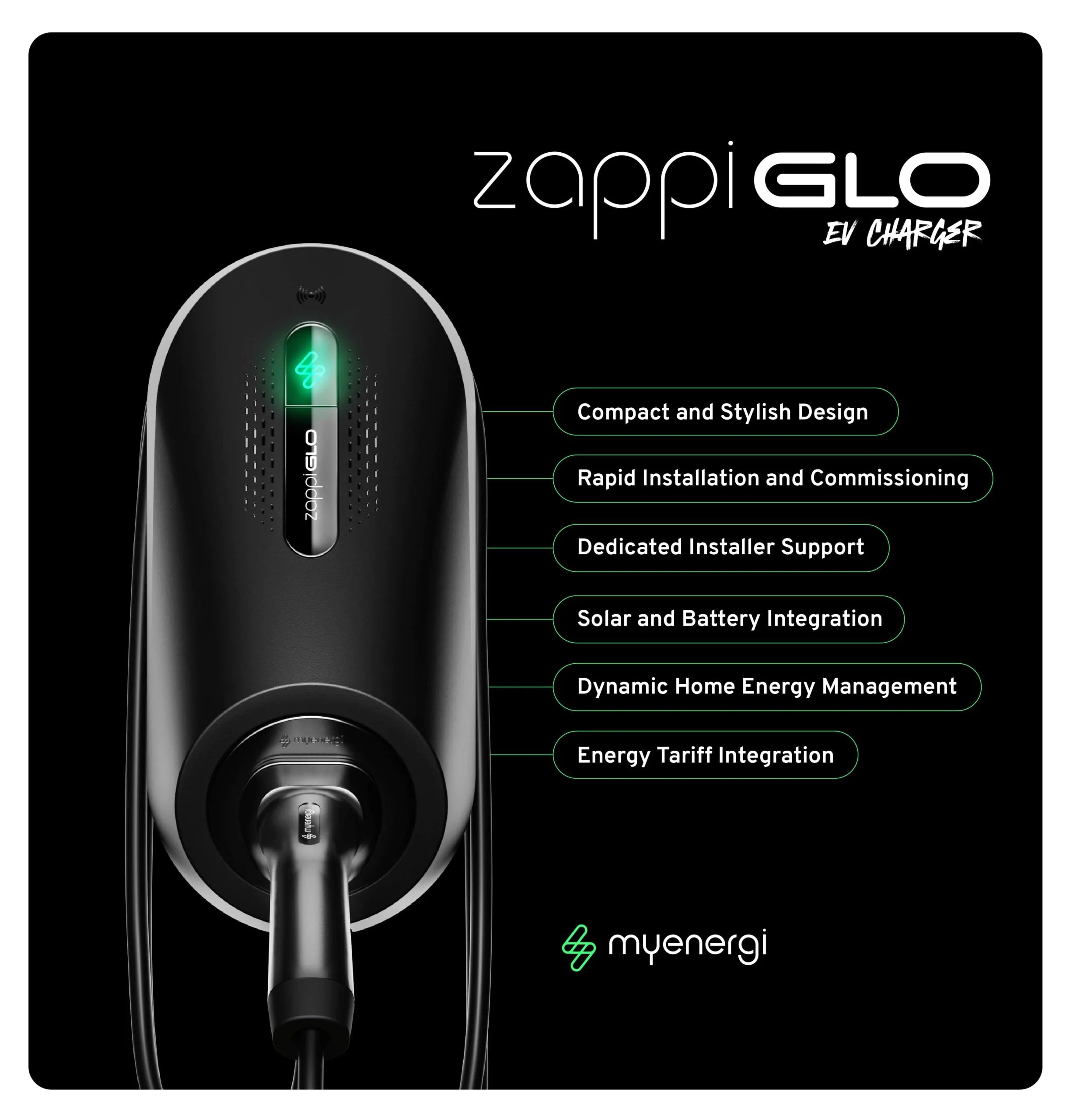 Myenergi Zappi GLO EV charger feature graphic with illuminated green zappi logo and labels for solar integration, dynamic energy management and tariff support