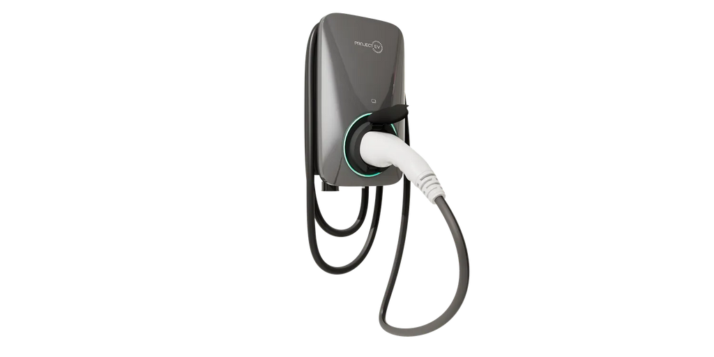 Project EV wall-mounted EV charger in dark grey, right side view with tethered white charging cable - UK home charging point