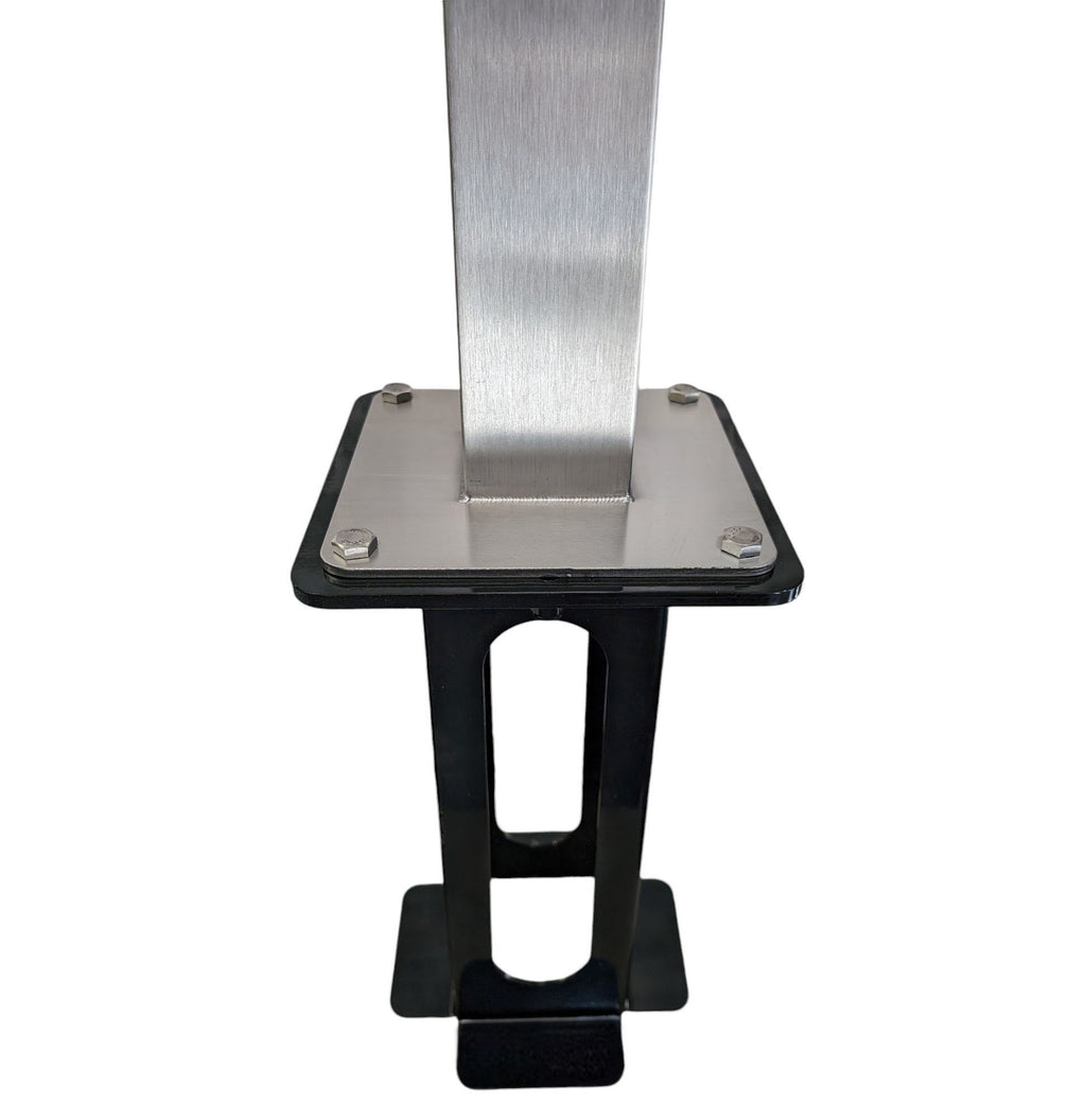 EV Pedestal Ground Box EV charger base, showing stainless steel bracket and black floor housing unit