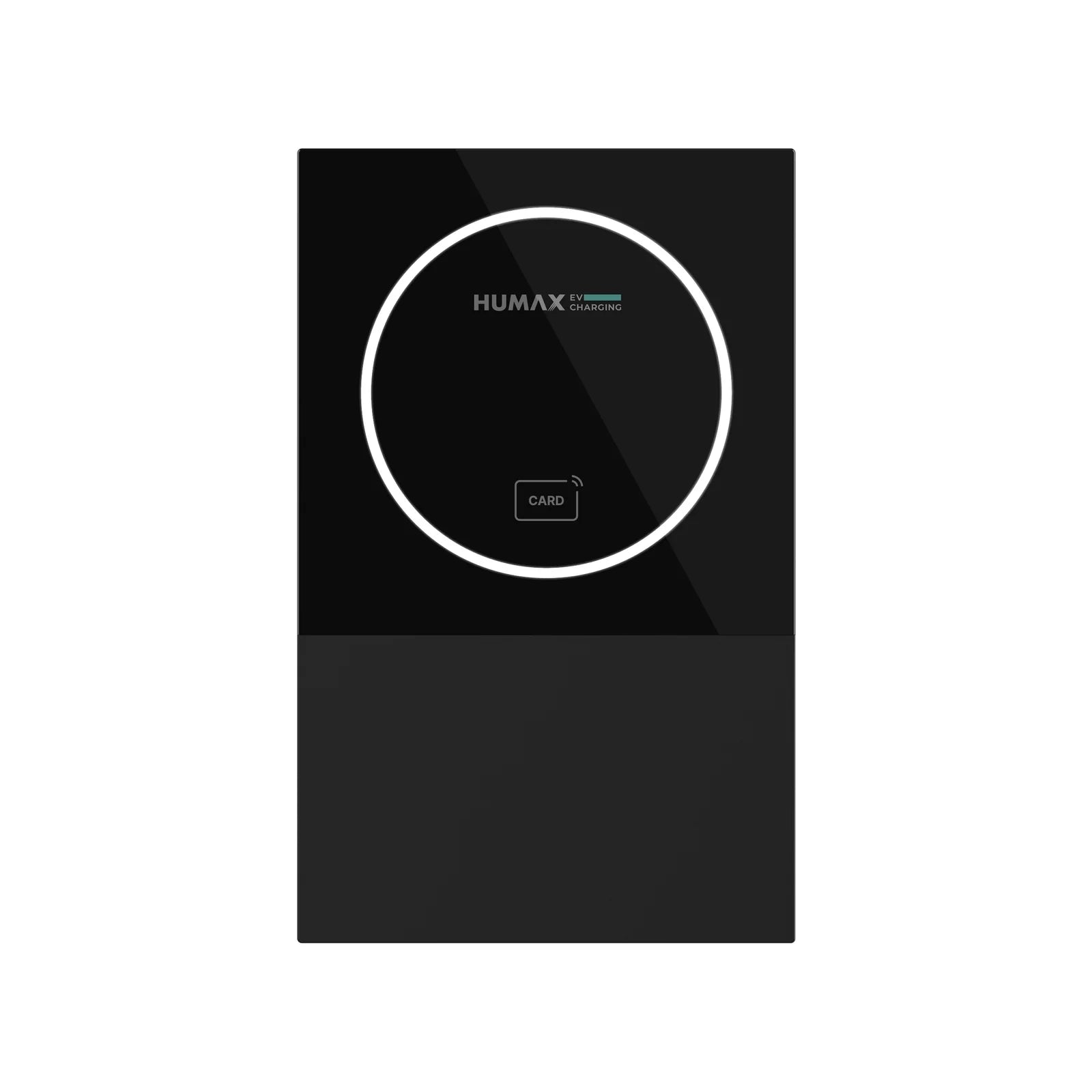 Humax EV Charging home EV charger straight-on front view in black with central white LED ring, HUMAX wordmark and CARD RFID icon