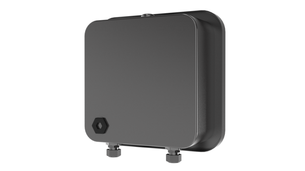 Hydra Notus EV charger rear installation view in dark grey, showing cable entry glands and hex-head access bolt at base for wall-mount install
