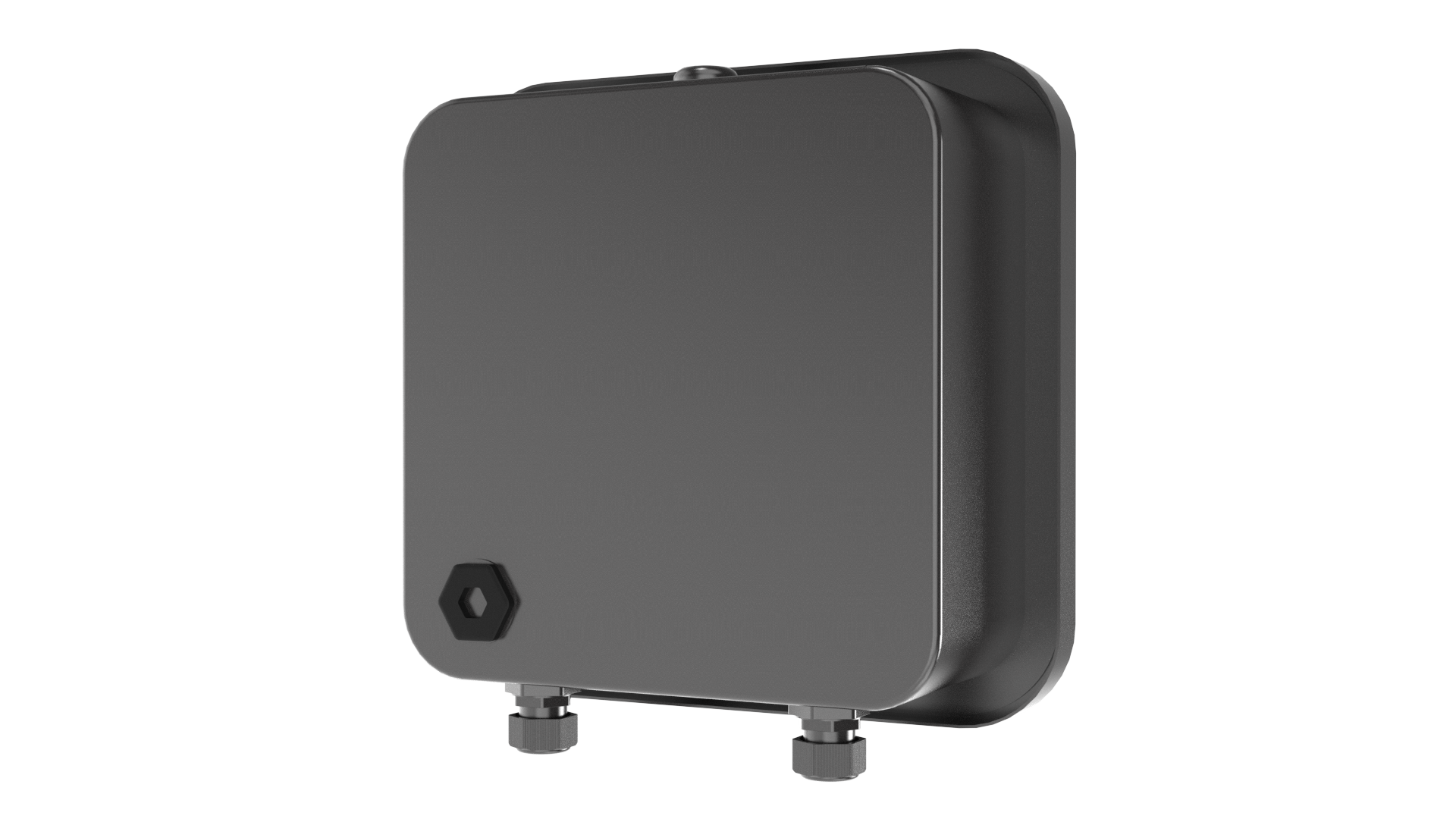 Hydra Notus EV charger rear installation view in dark grey, showing cable entry glands and hex-head access bolt at base for wall-mount install