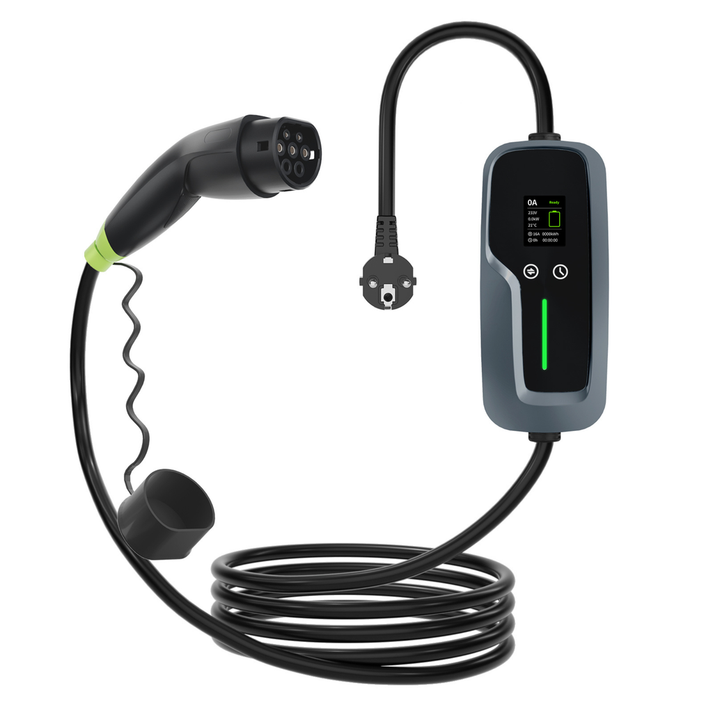 Loady portable EV charger with Tesla charge port button and Schuko plug