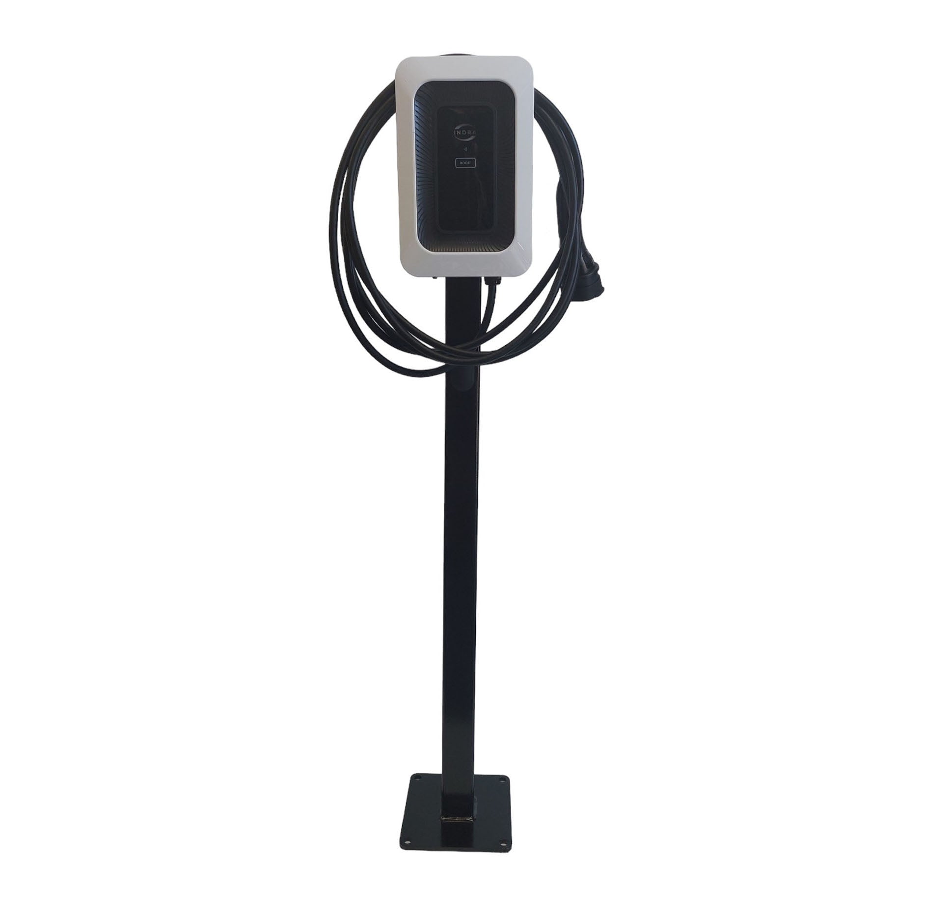 Indra Smart Lux Home 7kW EV charger on pedestal stand, front view on white background