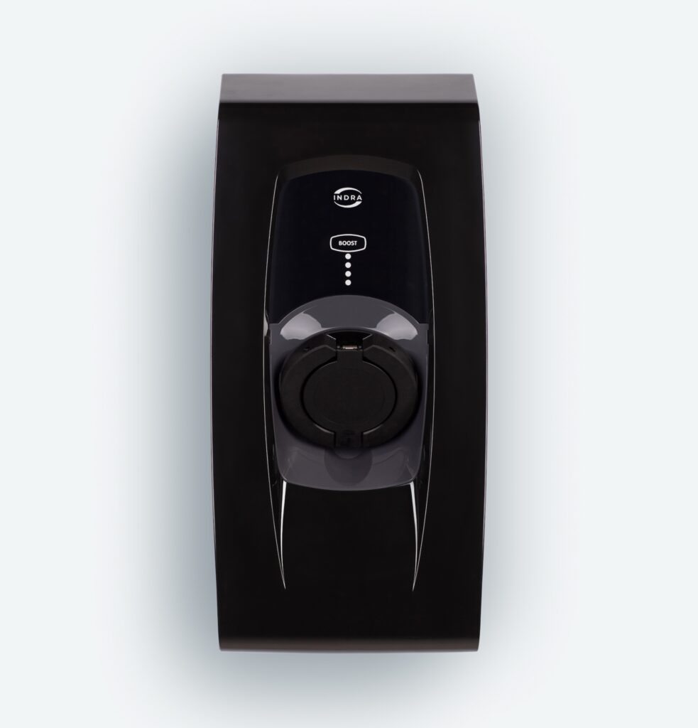 Indra Smart PRO untethered home EV charger in black with INDRA logo, BOOST button and round Type 2 socket cover, front view product shot