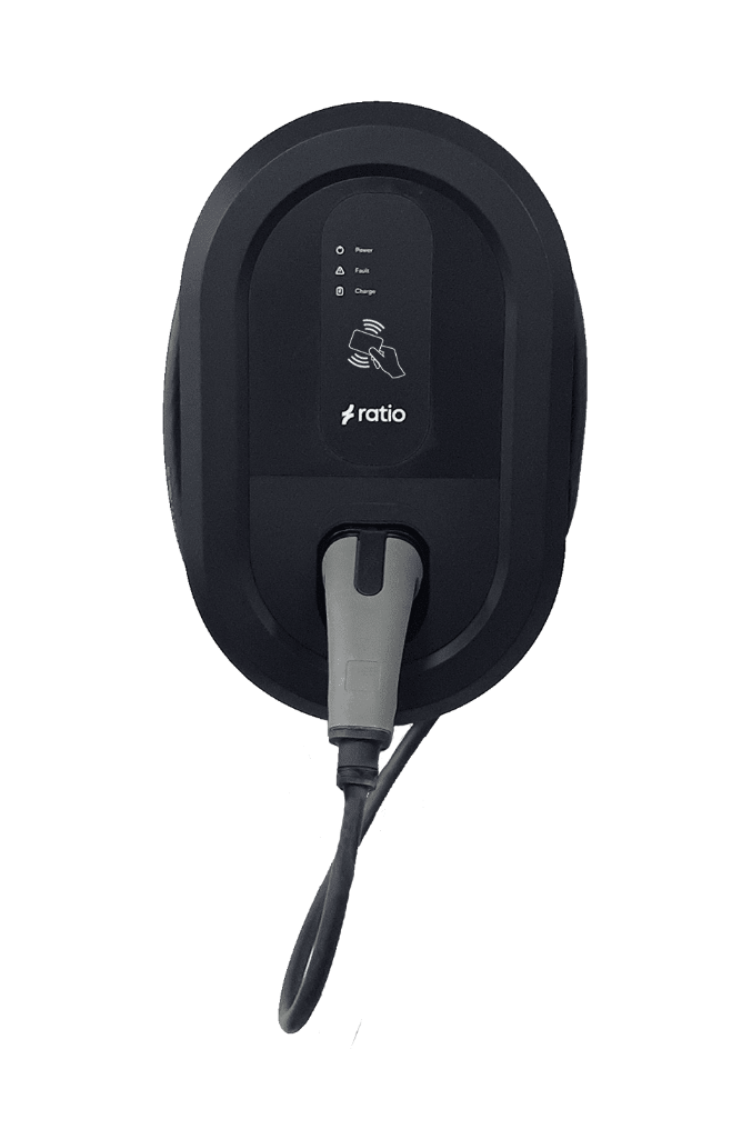 Ratio iO6 EV charger with tethered Premium Cable variant, oval black body with status LEDs, ratio branding and Type 2 cable plug attached at base