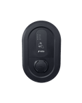 Ratio iO6 EV charger front view in matte black, oval wedge body with Power, Fault and Charge status LEDs, RFID icon, ratio logo and Type 2 socket cover