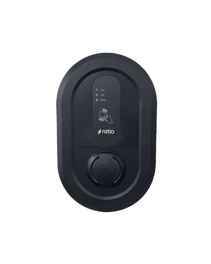 Ratio iO6 EV charger front view in matte black, oval wedge body with Power, Fault and Charge status LEDs, RFID icon, ratio logo and Type 2 socket cover