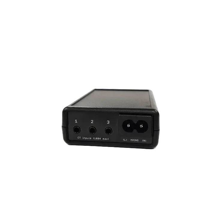 Ratio iO6 SBX CT sense and load balancing accessory, small black metal box with three 100A CT inputs and L-N mains connector for grid-aware charging