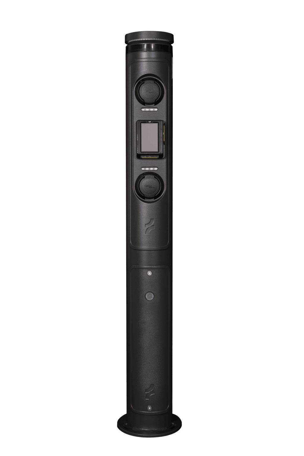 Ratio iO7 commercial EV charging bollard with integrated card payment terminal between two socket covers on slim cylindrical post