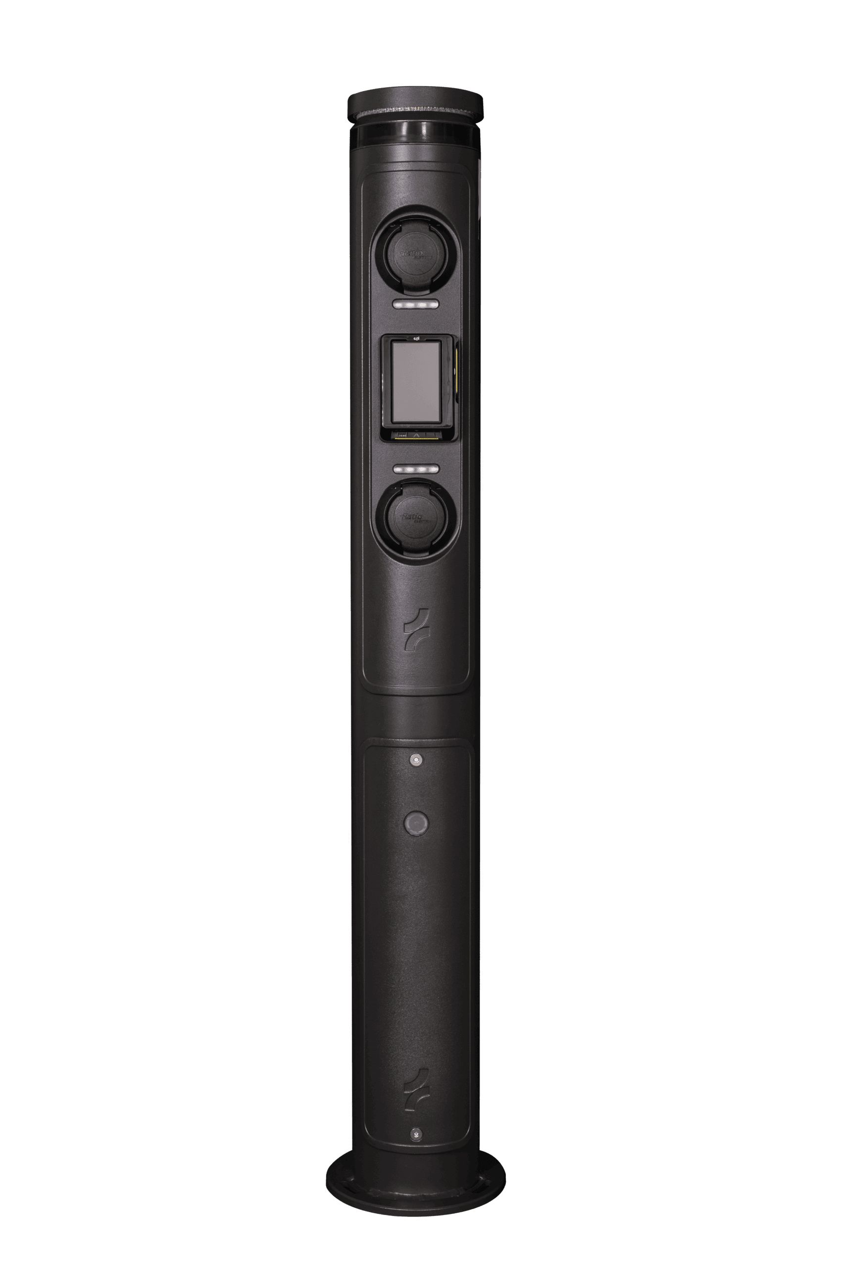Ratio iO7 commercial EV charging bollard with integrated card payment terminal between two socket covers on slim cylindrical post