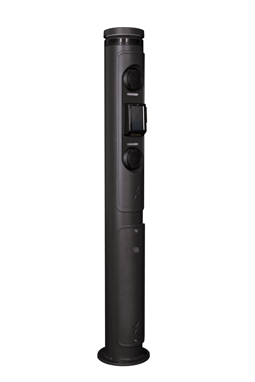 Ratio iO7 commercial EV charging bollard with payment terminal close-up showing socket covers and contactless card reader display